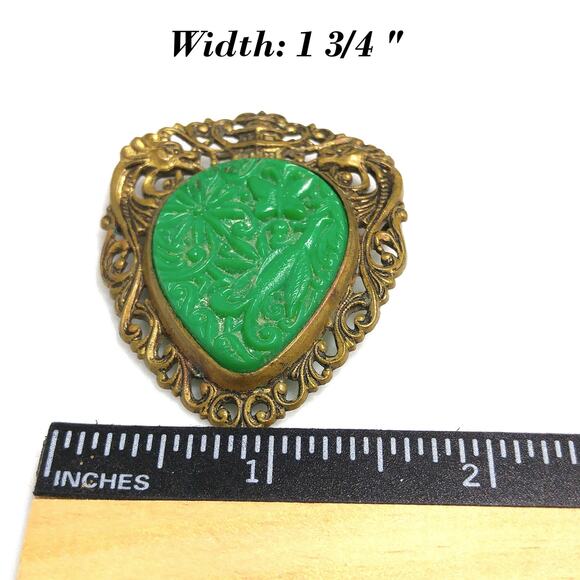 Vintage Chinese Faux Jade Brooch Pendant, Hidden Dragons Pagoda Phoenix, 1940s - Picture 8 of 10